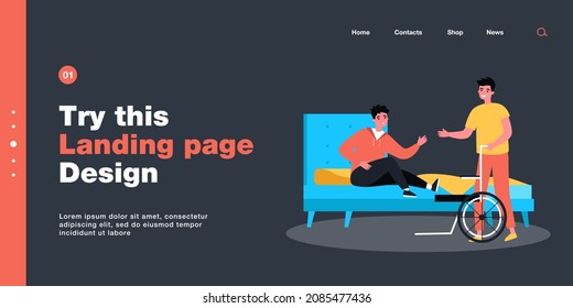 Friend or assistant helping man get on wheelchair from bed. Disabled person in bedroom flat vector illustration. Assistance, disability, friendship concept for banner, website design or landing page