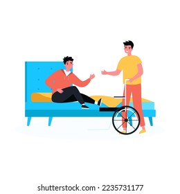 Friend or assistant helping man get on wheelchair from bed. Person with disability in bedroom flat vector illustration. Assistance, disability, friendship concept, website design