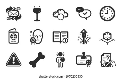 Friend, Augmented reality and Dog bone icons simple set. Fireworks, Face verified and Technical info signs. Passport, Approved and Prescription drugs symbols. Flat icons set. Vector