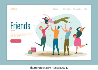 Friend Bday Flat Vector Landing Page Template. Birthday Girl in Party Hat Cartoon Character. People Holding Anniversary Presents Web Banner Layout. People Congratulating, Giving Festive Gift Boxes