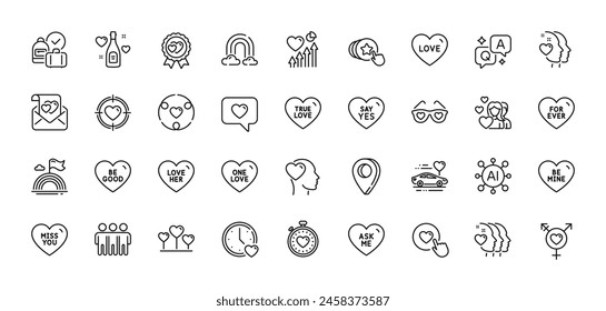 Friend, Be good and Love her line icons pack. AI, Question and Answer, Map pin icons. Honeymoon travel, Love letter, Ask me web icon. Hold heart, Lgbt, Be mine pictogram. Vector