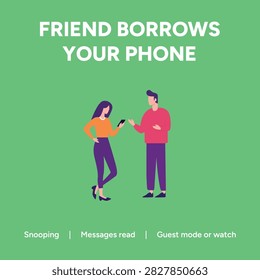 Friend Borrows Your Phone text illustration with flat character people snooping and reading messages on a green background for social media privacy and security concepts