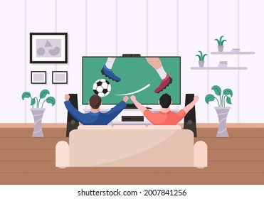 Friend, brother watching football in home living-room on TV. Excitement soccer competition game fan sitting on couch cheering together for favorite team fighting on screen vector illustration