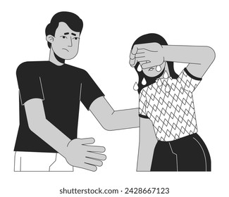 Friend comforting girl black and white 2D line cartoon characters. Crying woman, soothing man isolated vector outline people. Tender moment, emotional expression monochromatic flat spot illustration