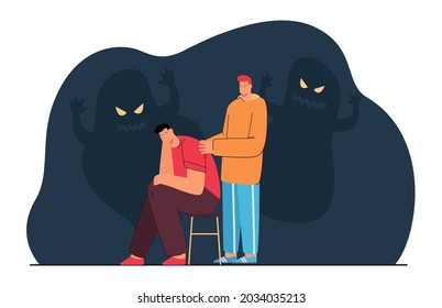 Friend comforting man with anxiety or fear. Character suffering from nightmares, scary shadows flat vector illustration. Mental health, empathy concept for banner, website design or landing web page