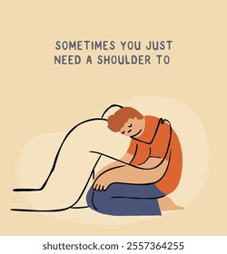 A friend comforting a sad, depressed person. Emotional support and mental therapy concept. Hand drawn flat vector illustration