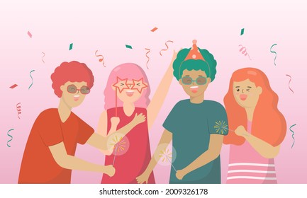 Friend concept cartoon party people. Friends spending time together. Set of young human friend people characters play with sparkle and wear glasses.