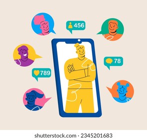 Un concepto de amigo. Teléfono con una lista de contactos de amigos. Uso para el banner de estrategia de marketing de referencia. Ilustración vectorial colorida
