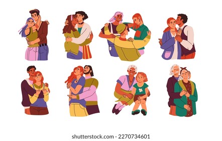 Friend and couple embraces. Romantic love hugs. Diverse partners and children hugging characters. Married people. Family cubbles. Happiness and smile. Vector exact illustration images set