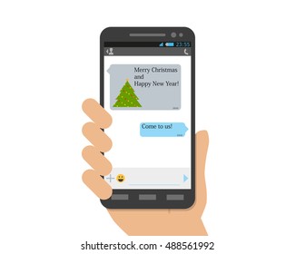 The friend did not forget to congratulate his friend on the holiday and New Year's message came on the phone. Vector illustration