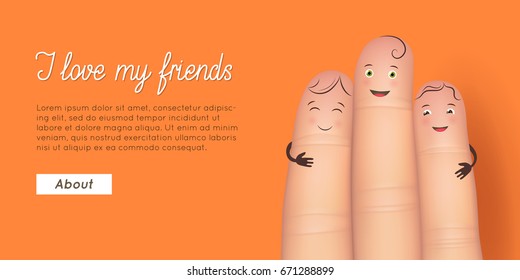 Friend finger poster. Card for very special people in life, showing true appreciation. Flat style vector realistic illustration isolated on blue background