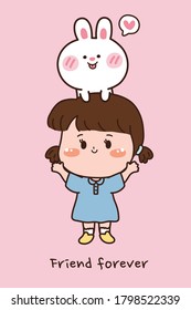 Friend forever text.White rabbit and girl.Cute cartoon character design.Animal hand drawn.Kawaii.Vector. Illustration.Illustrator.