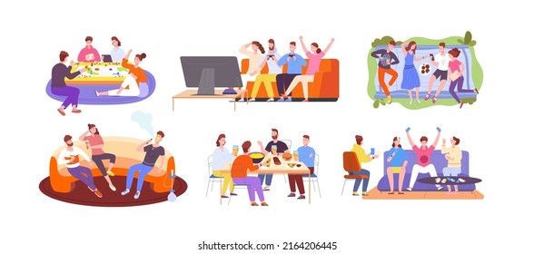 Friend gathering weekend. People celebrate home party, happy young friends fun outdoors and indoors, eating pizza kitchen table, drink tea together, illustration vector of weekend friendship gathering