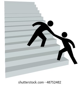 A Friend Gives A Person A Helping Hand Up On To Climb The Stairway To Success.