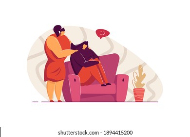 Friend giving support and comfort to depressed crying person, touching shoulders, helping to go through stress and anxiety. Vector illustration for empathy, friendship, compassion concept