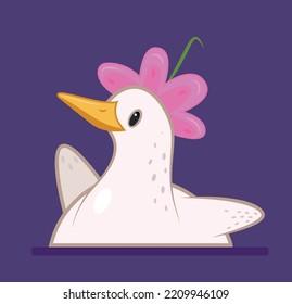 Friend goose icon. White bird with flower on head. Graphic element for printing on fabric, sticker for messengers. Wild life and animal. Toy or mascot for children. Cartoon flat vector illustration