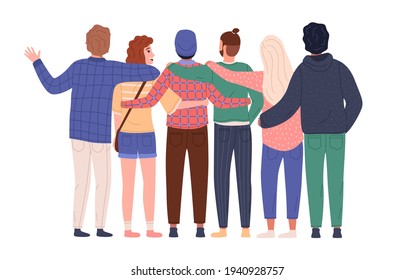 Friend group hugging. Happy young guys and girls stand together in embrace, funny people each others arms in row back view. Good relationship and teamwork. Vector cartoon isolated concept