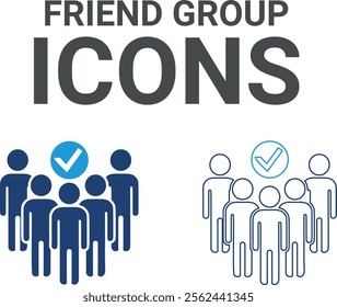 Friend group icon. Contains friends, groups of friends, socialize, friendly, cheers, trust, support, and best friends icons. Solid icon collection. Vector illustration.