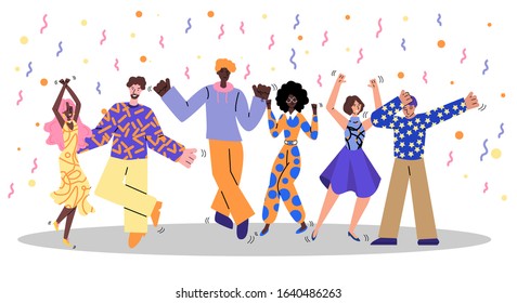 Friend group at retro dance party - cartoon people dancing and having fun