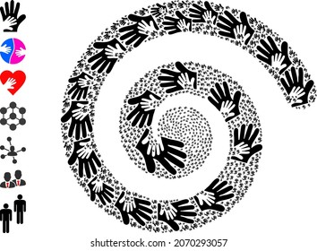 Friend hands icon spiral curl mosaic. Friend hands symbols are grouped into whirlpool mosaic structure. Object curl created from randomly placed friend hands icons. Some additional icons are pictured.