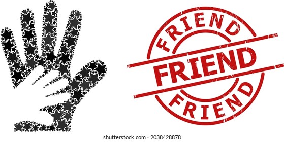 Friend hands star mosaic and grunge Friend stamp. Red stamp with grunge style and Friend slogan inside circle. Abstract friend hands collage is organized with random flat star items.