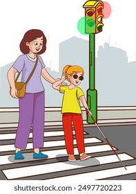 Friend, help a visually impaired friend cross the street. vector illustration.