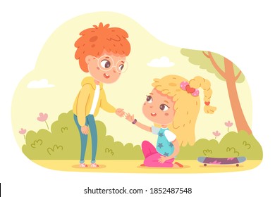 Friend helps girl to get up. Empathy, compassion and love vector illustration. Upset girl fell from skateboard in park. Boy giving hand, consoling and caring, sympathy, help.