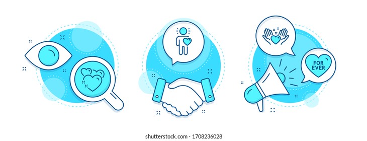 Friend, Hold Heart And Heart Line Icons Set. Handshake Deal, Research And Promotion Complex Icons. For Ever Sign. Love, Friendship, Love Sweetheart. Love Set. Vector