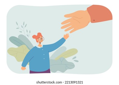 Friend holding out hand to tiny girl. Person showing support, care and help to child flat vector illustration. Empathy, charity, donation concept for banner, website design or landing web page