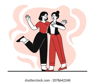 Friend hug concept. Girlfriends glad to meet each other. Longtime acquaintances greeting. Minimalistic paintings. Society, people, empathy, support. Cartoon flat line art outline vector illustration