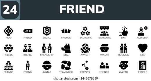 friend icon set. 24 filled friend icons.  Collection Of - Hug, Friend, Social, Friends, Teamwork, Like, Add user, Friendship, Dog, Avatar, Hugging, Profile