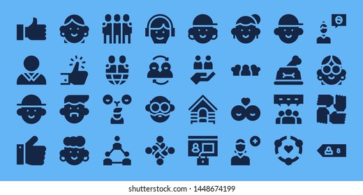 friend icon set. 32 filled friend icons. on blue background style Simple modern icons about  - Thumb up, Avatar, Thumbs up, Like, Friends, Teamwork, Hug, Dog, Profile, Add user