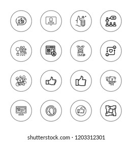 Friend icon set. collection of 16 outline friend icons with dog, follower, friends, like, profile icons.