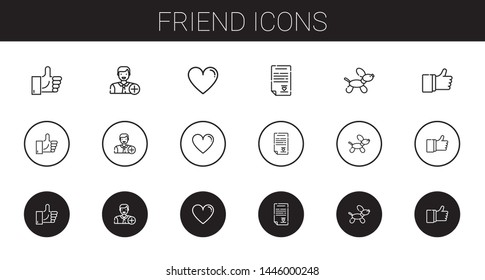 friend icons set. Collection of friend with like, add user, wedding contract, dog. Editable and scalable friend icons.