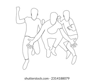 Friend jumping together Continuous line art vector. man enjoy with friends line art. happy moment line art. friends jumping