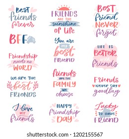 Friend lettering vector friendship card typography and friendly calligraphy logotype design with text sign illustration handwritten set of friendliness quote on poster isolated on white background