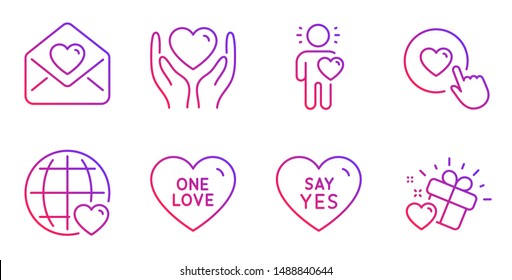 Friend, Like button and One love line icons set. Say yes, International love and Hold heart signs. Sweet heart, Wedding. Love set. Gradient friend icon. Vector