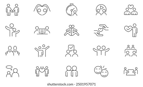 Friend line icon set. Containing friends, group of friends, socialize, friendly, cheers, trust, support, love, together, couple Outline icon collection. UI thin line icon pack.
