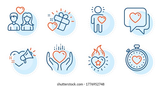 Amigo, mensaje de amor y carteles del temporizador de latido. Sostén el corazón, el amor de pareja y los iconos de la línea del corazón. Juego de amor. Conjunto de iconos de esquema. -¡Círalo con línea discontinua! Vector
