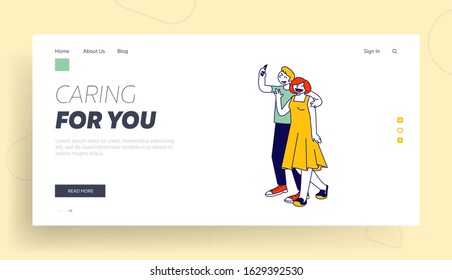 Friend or Lover Characters with Cellphone Making Selfie Website Landing Page. Young Man and Woman Couple with Mobile Phone Make Photo Picture Web Banner. Cartoon Flat Vector Illustration, Line Art