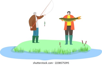 Friend male fisher character catch sea fish, man hold fishing rod and atlantic salmon isolated on white, cartoon vector illustration.