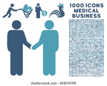 Friend Meeting icon with 1000 medical business cyan and blue vector pictograms. Collection style is flat bicolor symbols, white background.