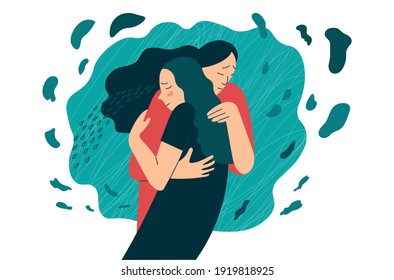 Friend or mother supports in stress or depression. Hugs as a way to support and show love and compassion. Mental health creative concept. Flat vector illustration.