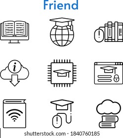 friend set. included cloud library, chip, audiobook, ebook, books, school, elearning, information, login icons. linear styles.