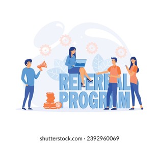 Friend sharing refer. People near megaphone with Referral program word concept.  flat vector modern illustration 