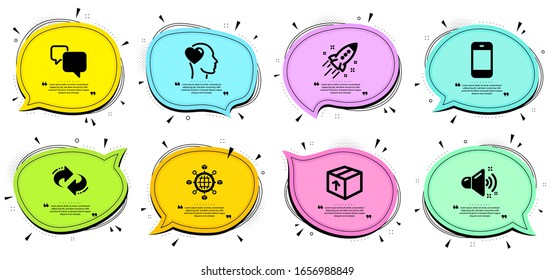 Friend, Startup rocket and Refresh signs. Chat bubbles with quotes. Speech bubble, Logistics network and Package line icons set. Loud sound, Smartphone symbols. Vector