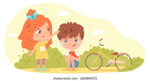 Friend supports and comforts sad crying boy with bike. Empathy, compassion and love vector illustration. Sad upset kid sitting in park. Girl consoling and caring, sympathy.