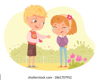 Friend supports and comforts sad crying girl. Empathy, compassion and love vector illustration. Sad upset girl in park. Boy giving sweets, consoling and caring, sympathy.