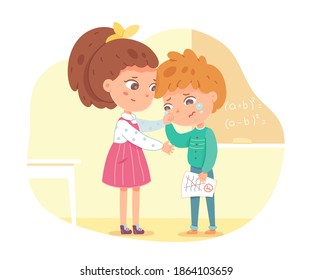 Friend supports and comforts sad kid in school. Empathy, compassion and love vector illustration. Boy crying after receiving bad mark on test. Girl consoling and caring, sympathy.