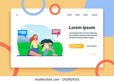 Friend talking and consoling sad woman. Nature, speech bubble, support flat vector illustration. Depression and melancholy concept for banner, website design or landing web page